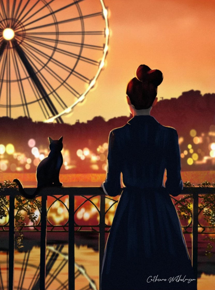 A woman with her hair in a bun stands on a balcony at sunset, gazing out at a glowing ferris wheel across a lake. A black cat sits beside her on the railing, both silhouetted against the warm, golden city lights. The atmosphere is quiet, dreamy, and filled with longing.